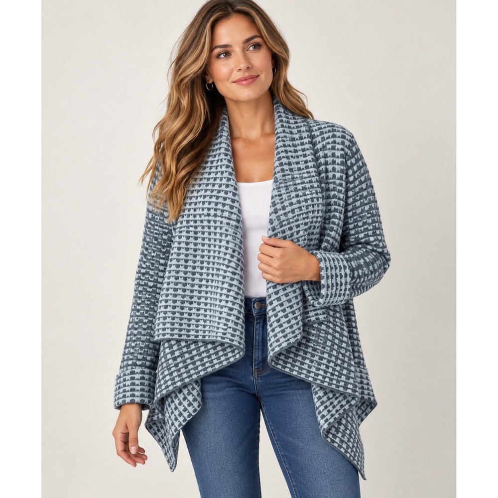 A. Ida Made in Italy Wrap Cardigan Women M Draped Gray Houndstooth Wool Blend